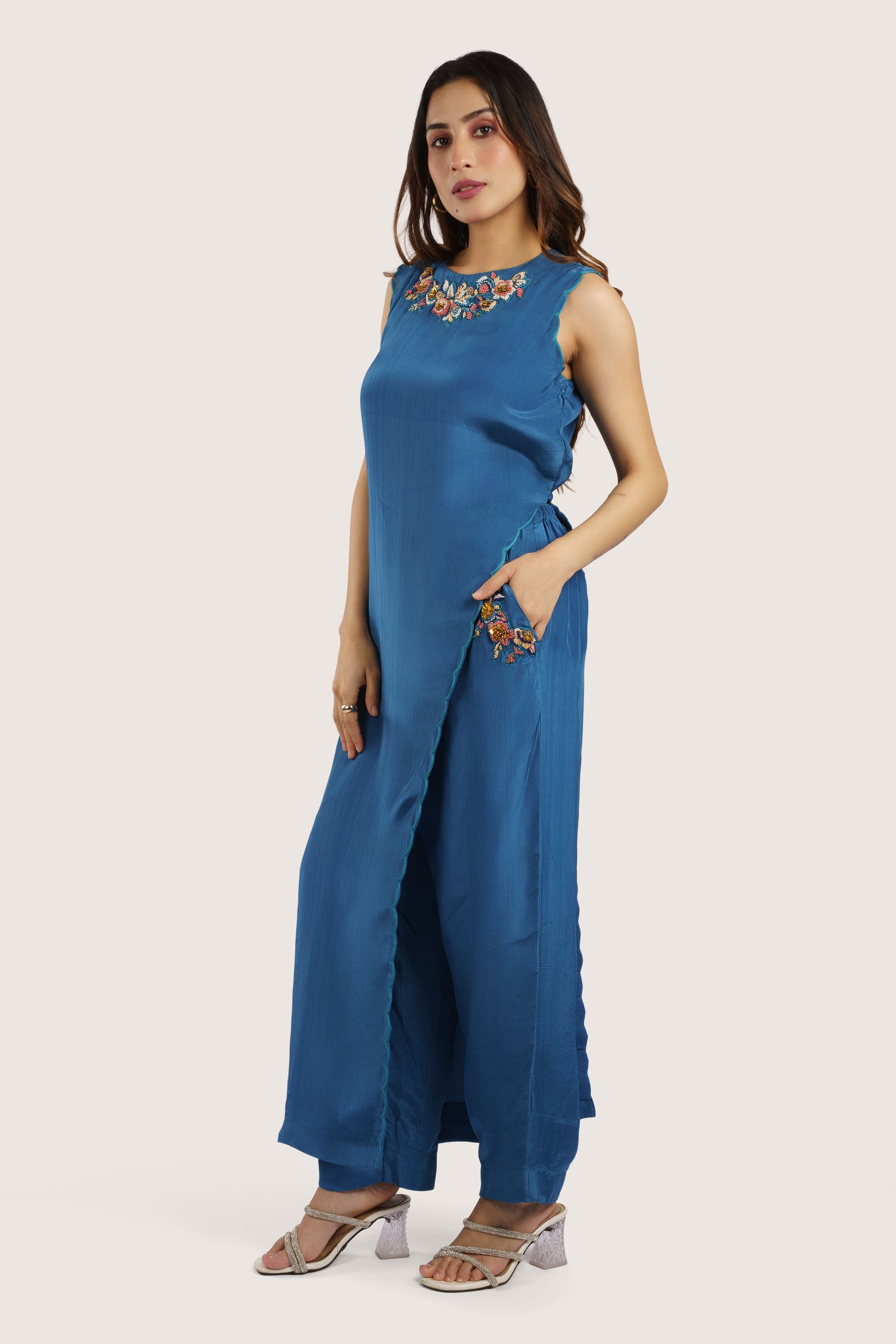 Gulraaz – Peacock Blue Natural Crepe Co-ord Set