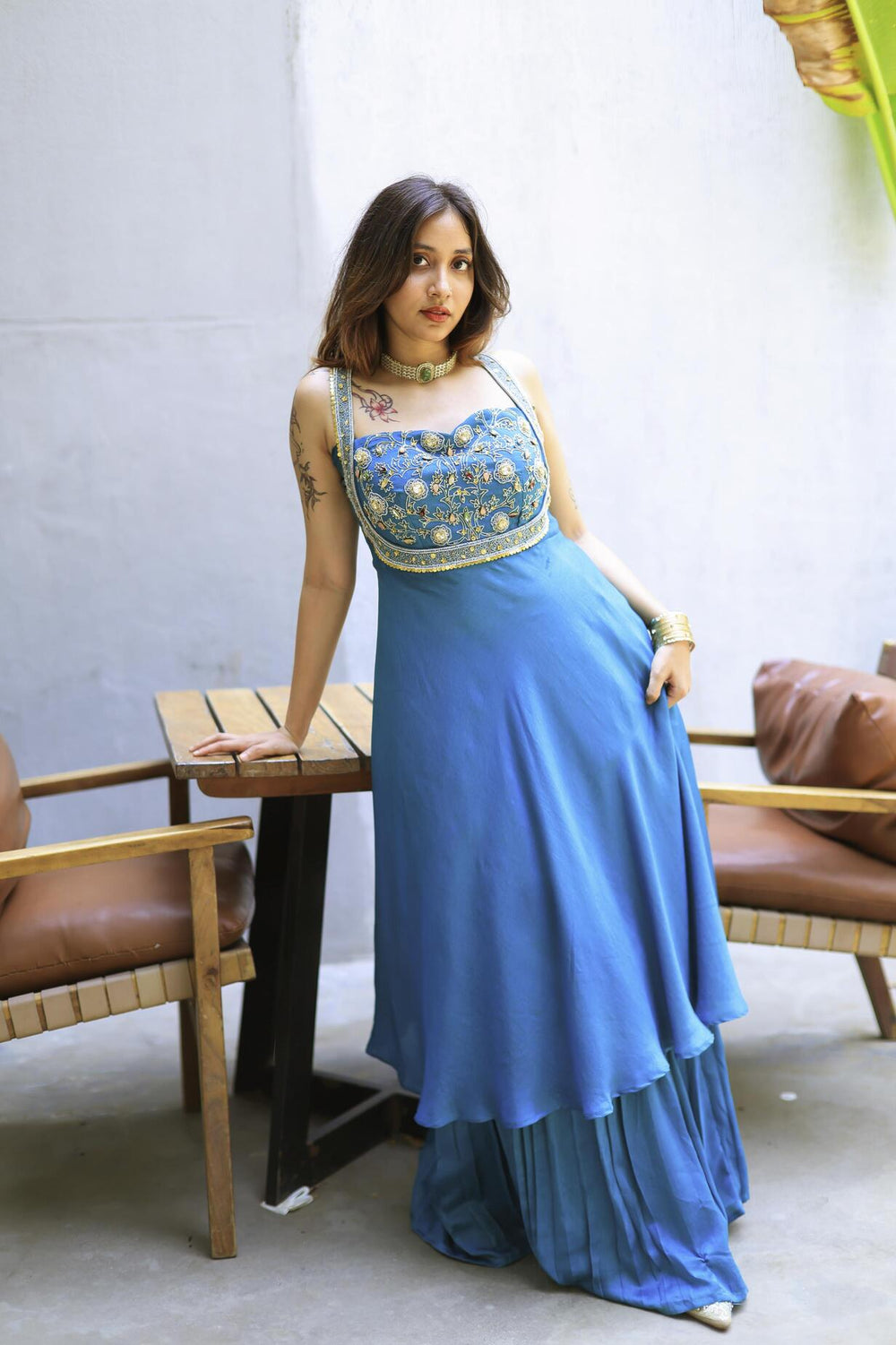 The Omna Women Zehra teal tusser silk set
